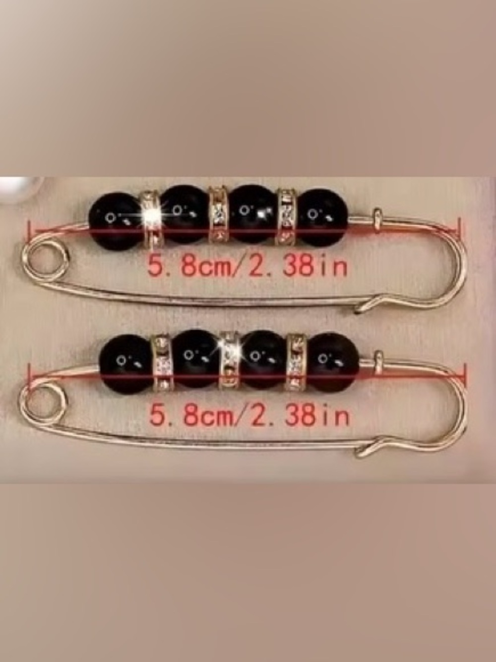 Gold Faux Pearl Safety Pin Brooch with Black Beaded Accents (Pack of 2) - Picture 3 of 6